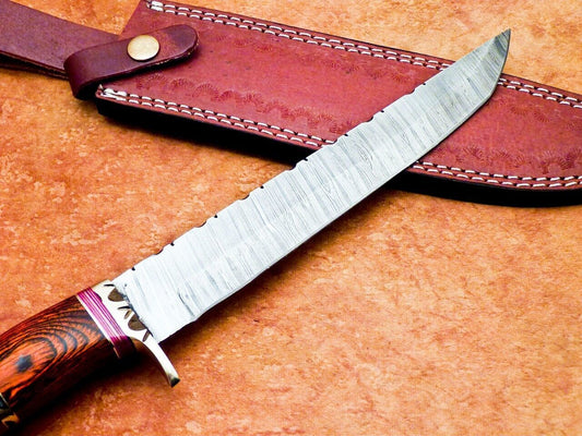 13 Inch Handmade Damascus Bowie Knife with Hardwood and Natural Wood Handle