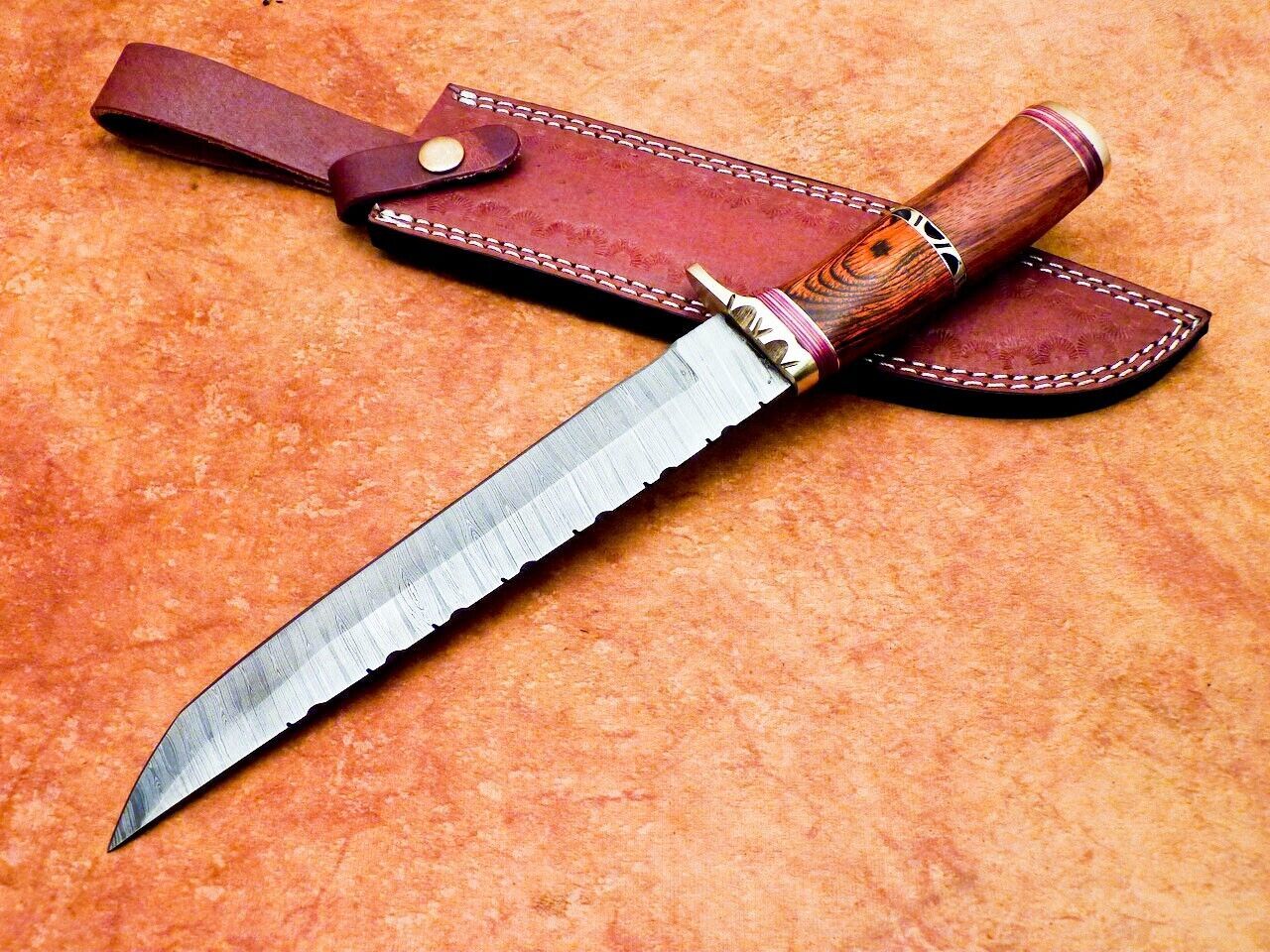 13 Inch Handmade Damascus Bowie Knife with Hardwood and Natural Wood Handle