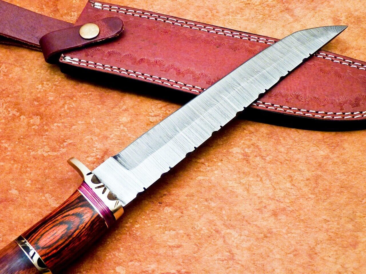 13 Inch Handmade Damascus Bowie Knife with Hardwood and Natural Wood Handle