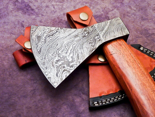 Handmade Damascus Steel Axe Unique Limited Edition with Natural Wood Handle and Leather Sheath
