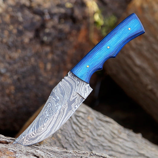Custom Handmade Damascus Skinner Hunting Knife with Blue Wood Handle and Leather Sheath