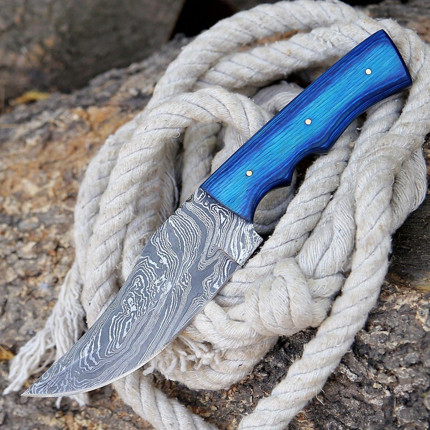 Custom Handmade Damascus Skinner Hunting Knife with Blue Wood Handle and Leather Sheath