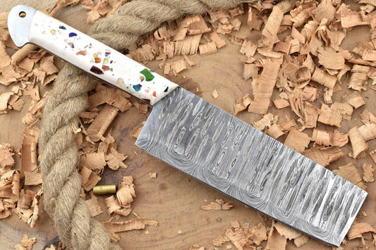 Hand Forged Damascus Steel Chef Knife 11" Kitchen Cleaver with White Resin Handle