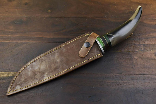 14.5" Damascus Steel Bowie Knife – Bull Horn Handle & Damascus Guard