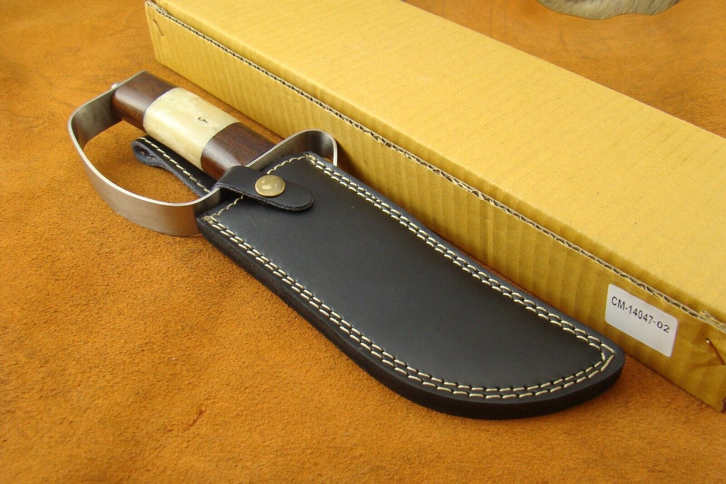 Heritage Forge 12.4" D-Guard Damascus Steel Bowie Knife with Rosewood and Camel Bone Handle