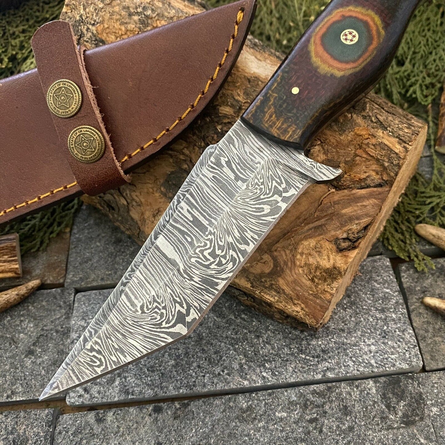 9.5" Damascus Tanto Bowie Knife | Handmade with Sheath