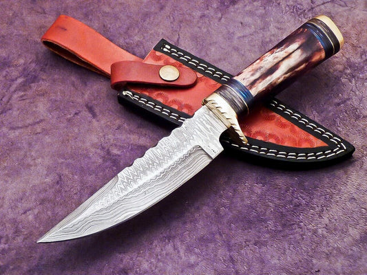 Heritage Forge 10 Inch Damascus Steel Bowie Knife with Stag Handle