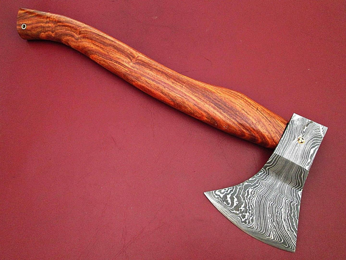Custom Handmade Damascus Axe with Wood Handle and Leather Sheath