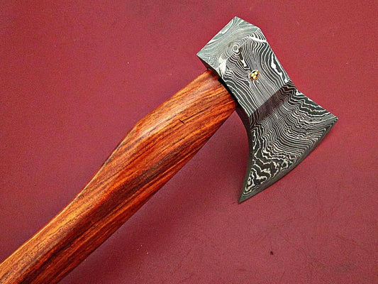 Custom Handmade Damascus Axe with Wood Handle and Leather Sheath