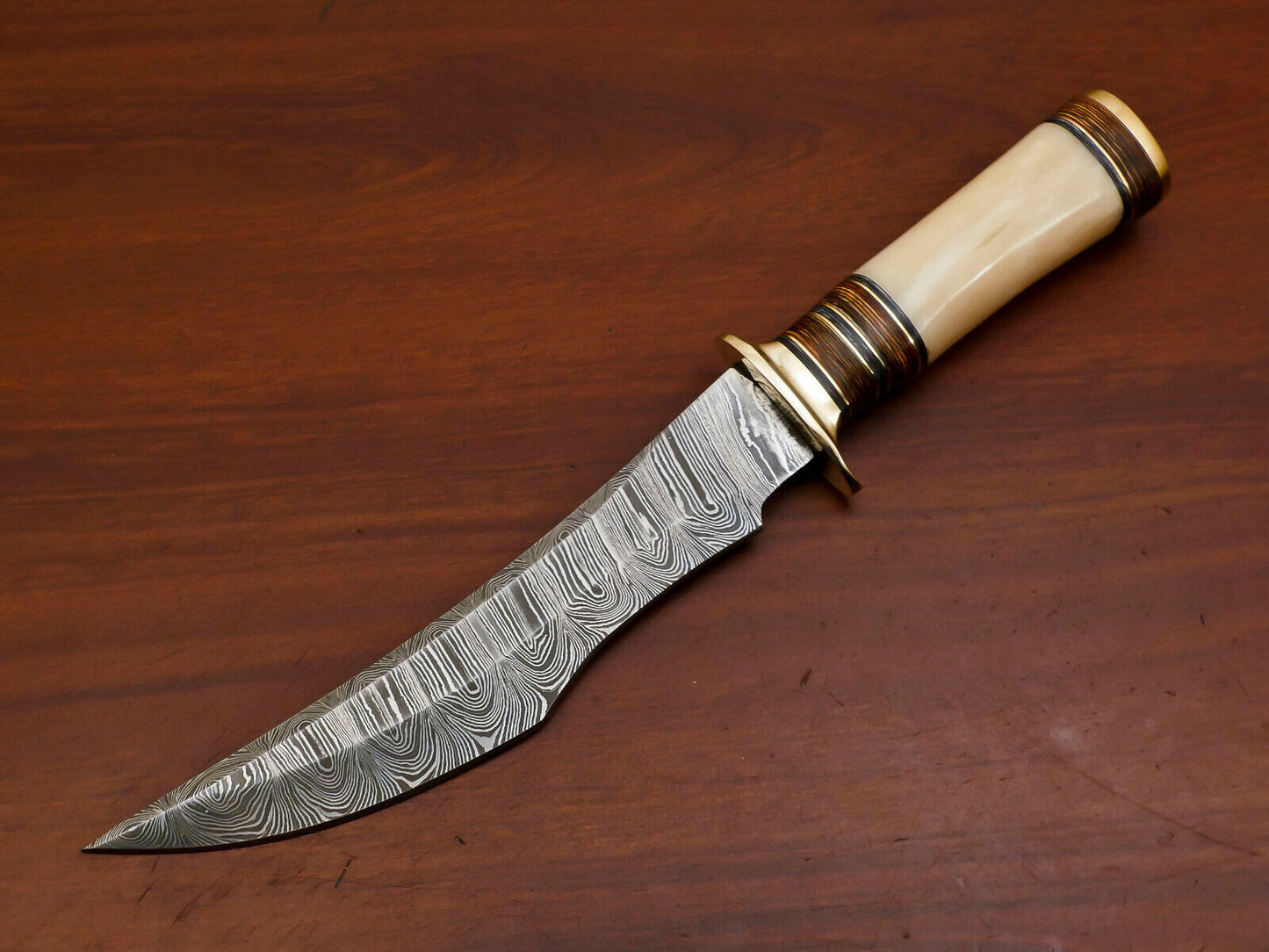 Heritage Forge 12 Inch Handmade Damascus Steel Bowie Knife with Camel Bone and Pakka Wood Handle and Leather Sheath