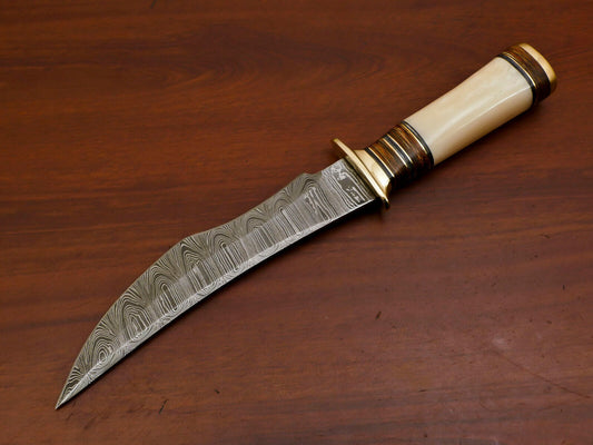 Heritage Forge 12 Inch Handmade Damascus Steel Bowie Knife with Camel Bone and Pakka Wood Handle and Leather Sheath