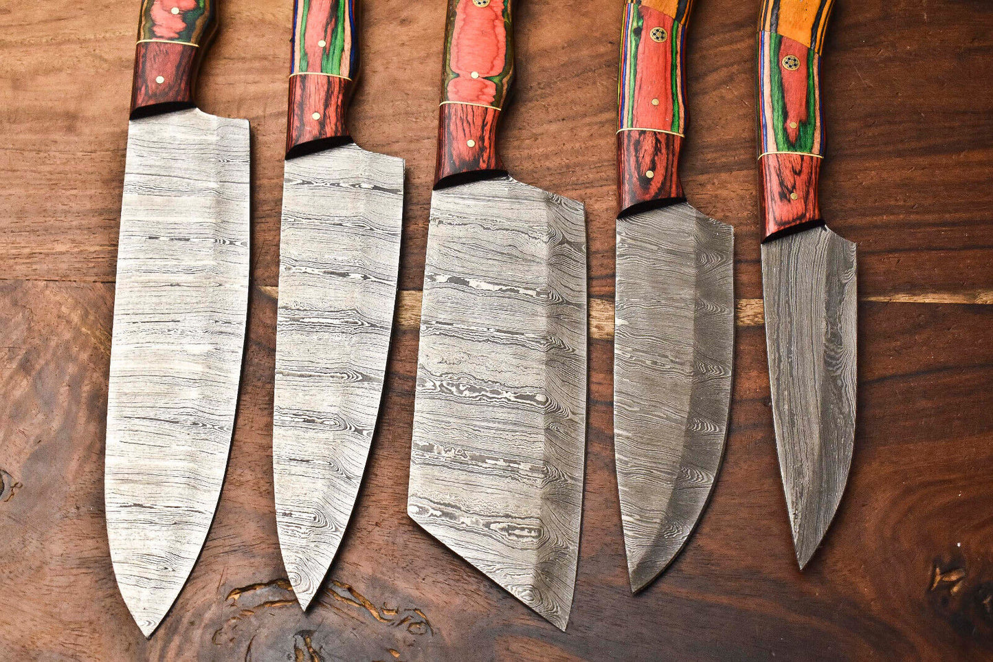 Custom Lot of 5 Handmade Hammered Damascus Steel Blade Chef Set Knife
