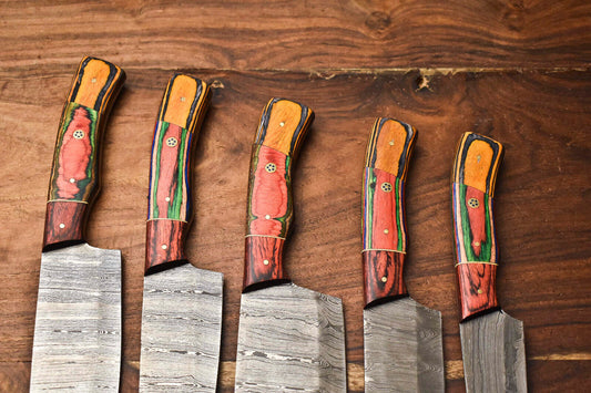 Custom Lot of 5 Handmade Hammered Damascus Steel Blade Chef Set Knife