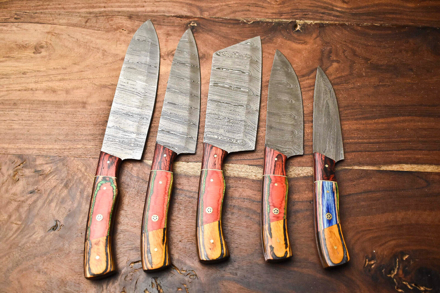 Custom Lot of 5 Handmade Hammered Damascus Steel Blade Chef Set Knife