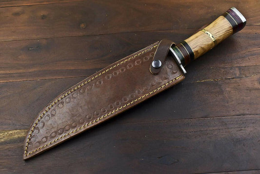 14.5" Damascus Steel Bowie Knife – Olive Wood Handle & Leather Sheath