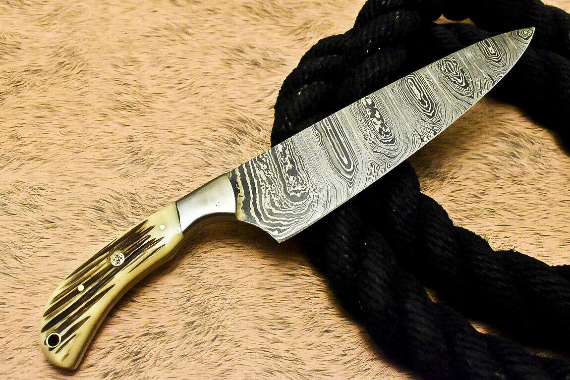 Custom Handmade Damascus Steel Hunting Knife with 7.5-Inch Blade | Stag Antler Handle