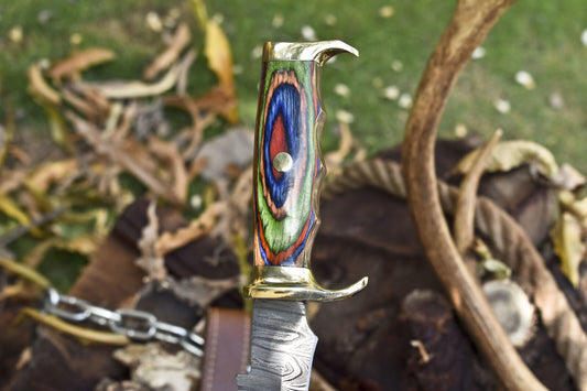 12" Forged Twist Damascus Kris Bowie Knife – Hard Wood Handle & Brass Guard