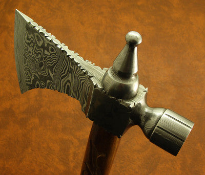 Hand Forged Damascus Steel Pipe Tomahawk Axe with Carved Rosewood Handle