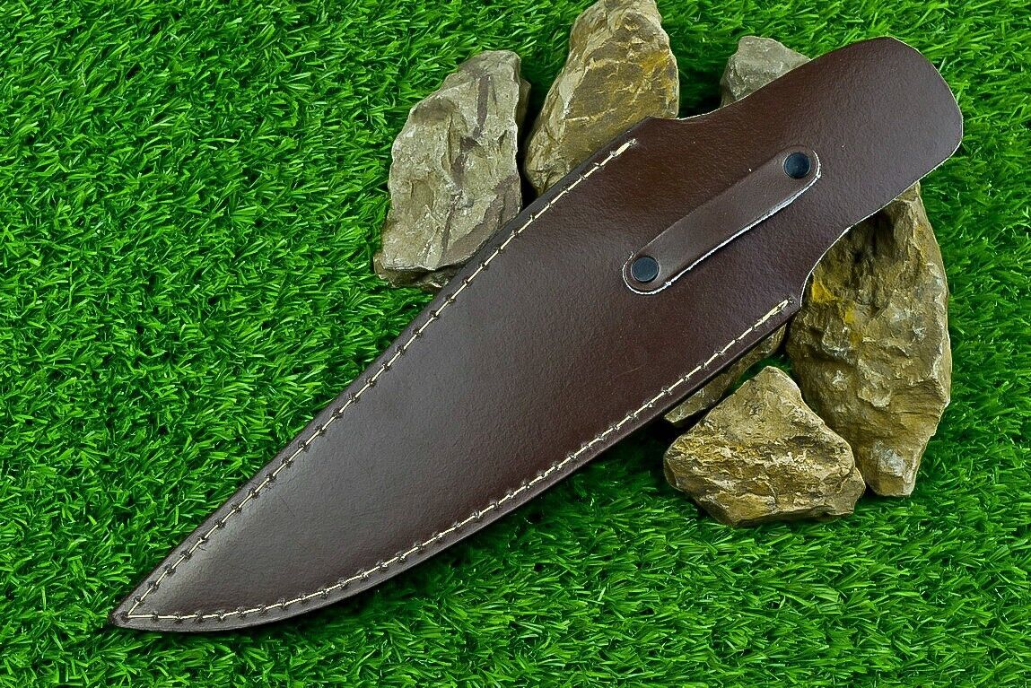 Heritage Forge 13 Inch Damascus Steel Bowie Knife with Bull Horn Resin Handle and Leather Sheath