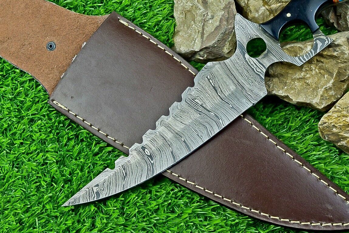 Heritage Forge 13 Inch Damascus Steel Bowie Knife with Bull Horn Resin Handle and Leather Sheath