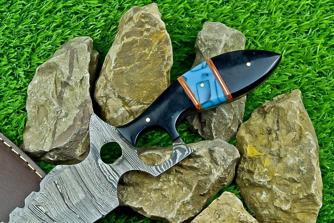Heritage Forge 13 Inch Damascus Steel Bowie Knife with Bull Horn Resin Handle and Leather Sheath