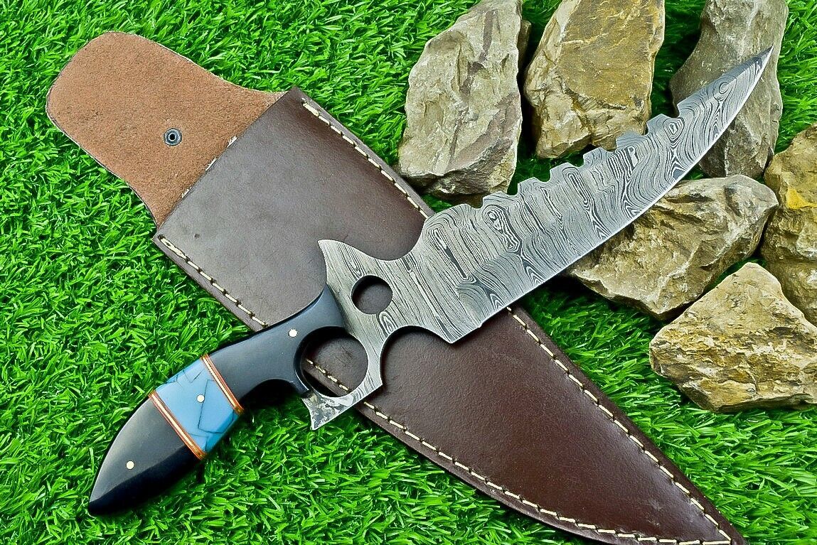 Heritage Forge 13 Inch Damascus Steel Bowie Knife with Bull Horn Resin Handle and Leather Sheath