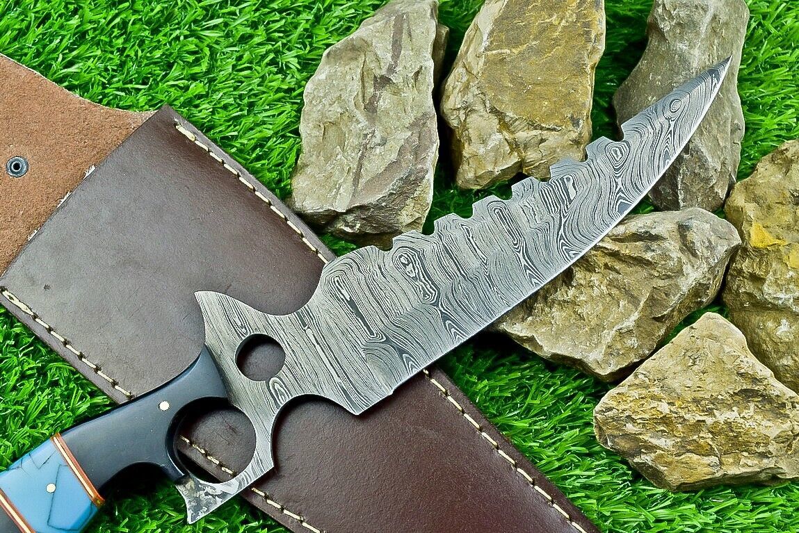 Heritage Forge 13 Inch Damascus Steel Bowie Knife with Bull Horn Resin Handle and Leather Sheath