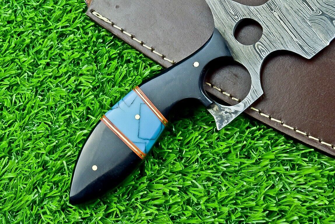 Heritage Forge 13 Inch Damascus Steel Bowie Knife with Bull Horn Resin Handle and Leather Sheath