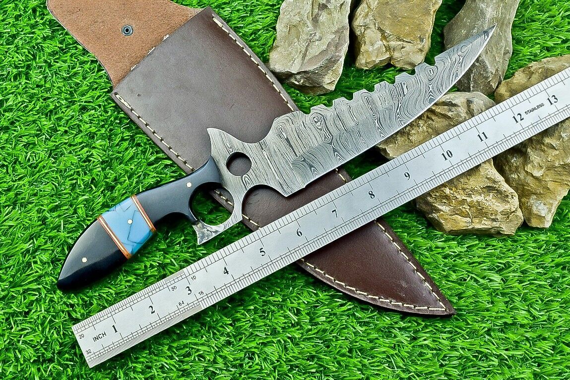 Heritage Forge 13 Inch Damascus Steel Bowie Knife with Bull Horn Resin Handle and Leather Sheath