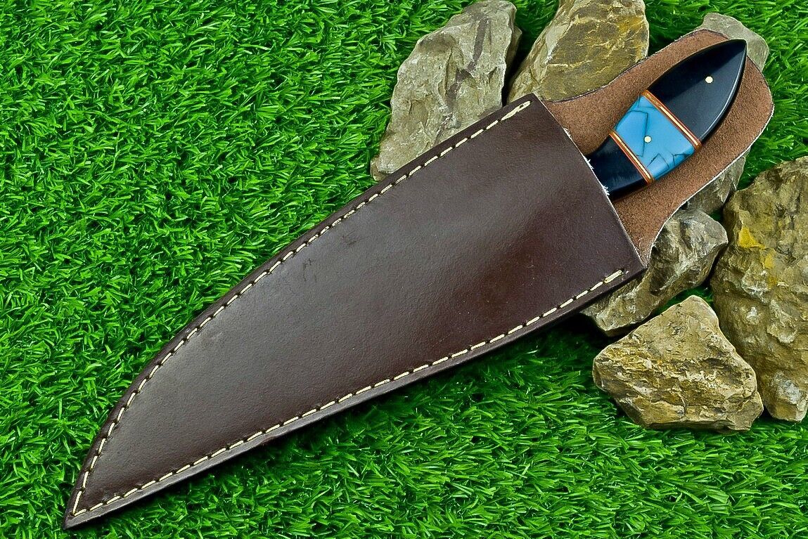 Heritage Forge 13 Inch Damascus Steel Bowie Knife with Bull Horn Resin Handle and Leather Sheath