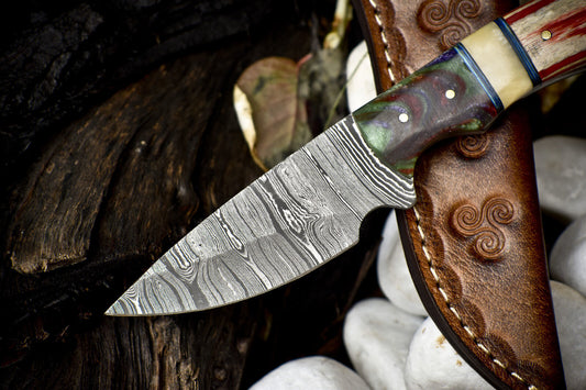 Twist Damascus Skinner Knife Bone and Wood Handle Micarta Bolster Sports Blade