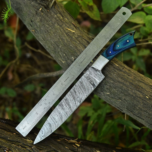 Custom Handmade Forged Damascus Steel Chef Knife | 12" Fixed Blade Kitchen Tool