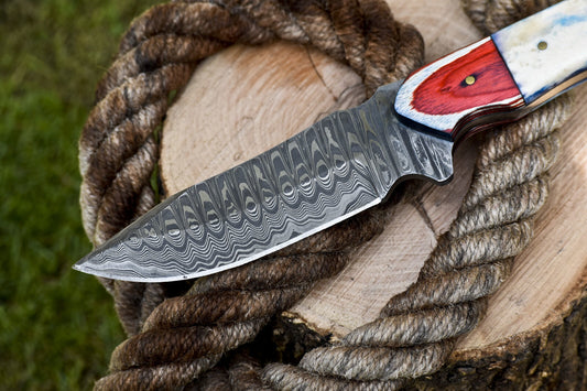 Ladder Damascus Skinner Knife with Bone Handle and Wooden Bolster for Survival and Hunting