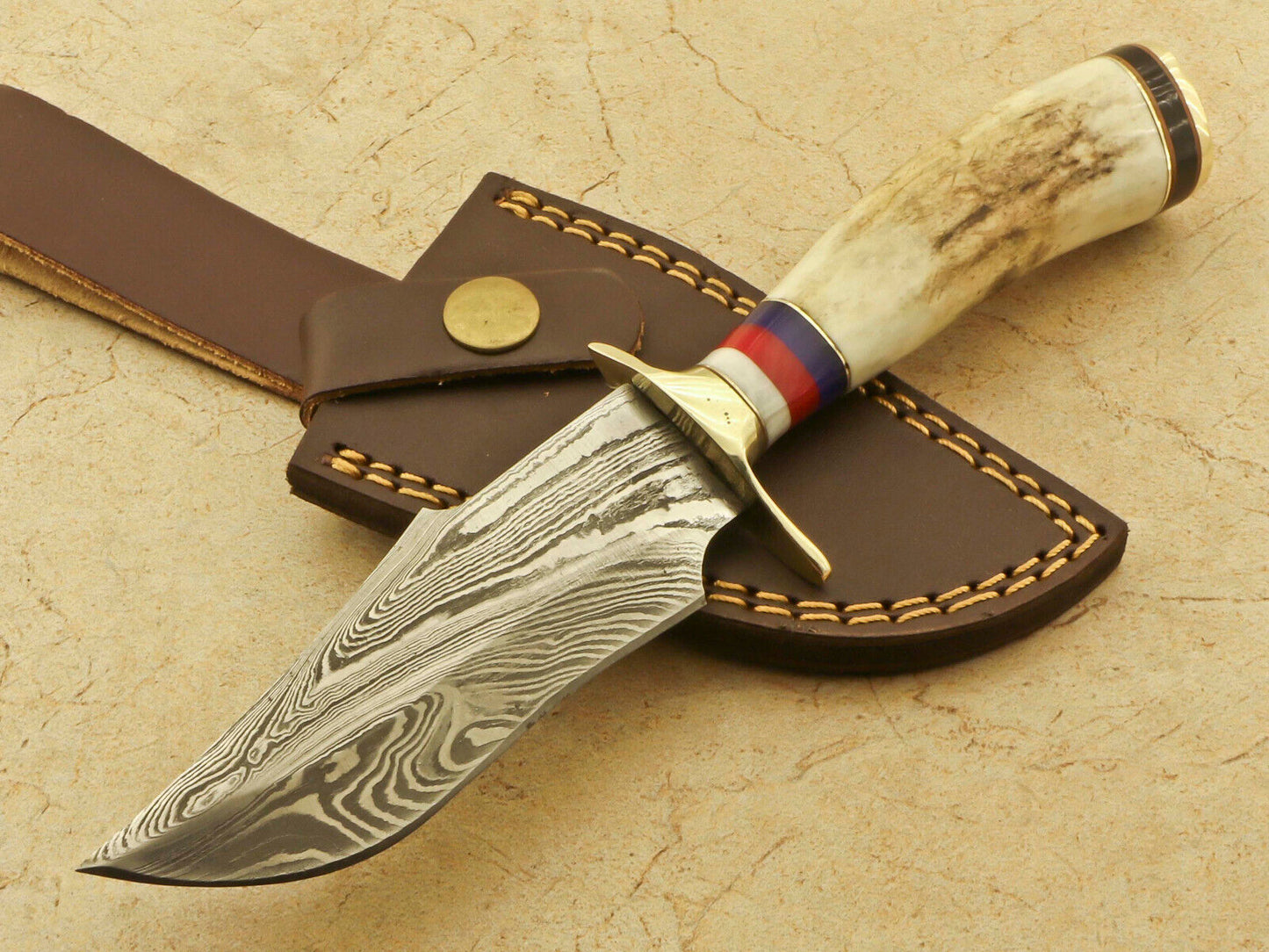 8.25 Inch Damascus Steel Hunting Knife with Stag Antler Handle