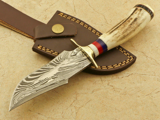 8.25 Inch Damascus Steel Hunting Knife with Stag Antler Handle