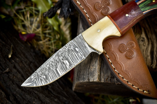 8" Forged Twist Damascus Skinner Knife Mixed Material Handle Outdoor Tactical Gift