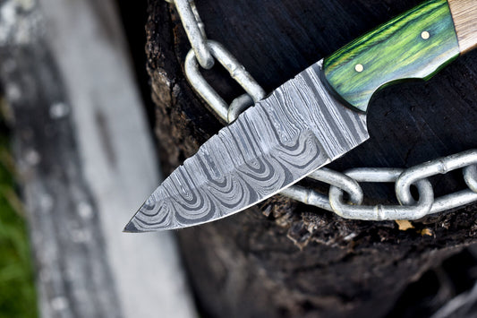 Handmade Twist Damascus Skinner Knife Olive Wood Handle with Wooden Bolster and Leather Sheath