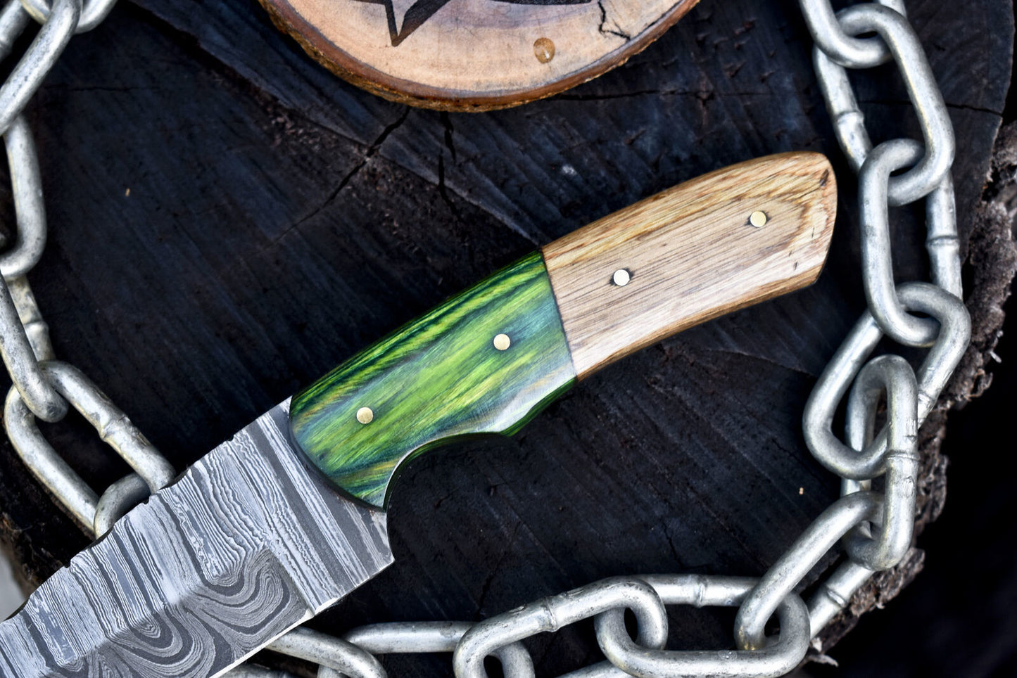 Handmade Twist Damascus Skinner Knife Olive Wood Handle with Wooden Bolster and Leather Sheath