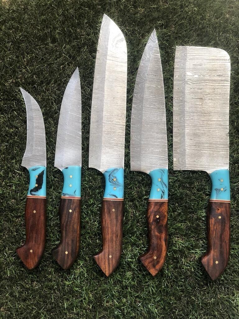 Custom Handmade Twist Damascus Steel Chef Knife Set with Leather Sheath