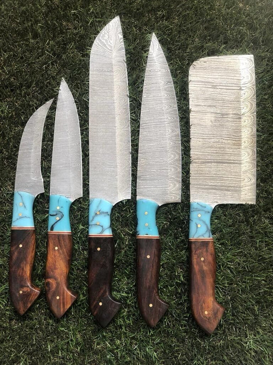 Custom Handmade Twist Damascus Steel Chef Knife Set with Leather Sheath