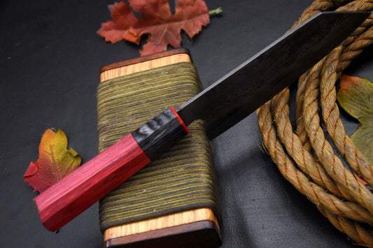 Custom Hammered San Mai Damascus Steel Chef Knife – Handmade with Wooden Handle – 11” OAL