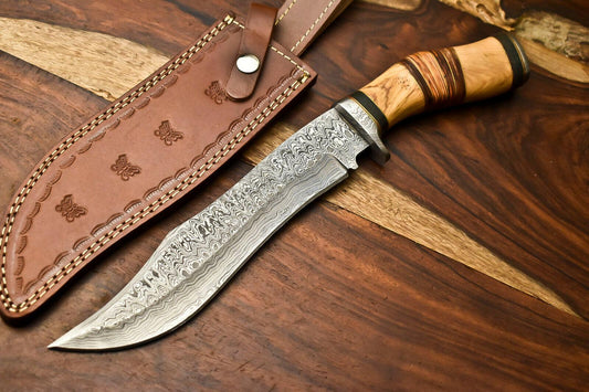 14" Handmade Damascus Steel Bowie Hunting Knife – Walnut Wood Handle & Leather Sheath