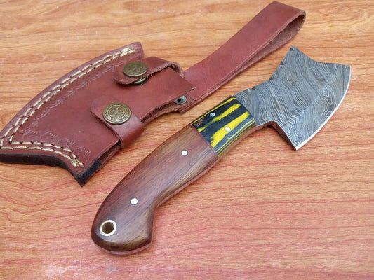 Handmade Damascus Steel Mini Hunting Axe Knife with Wood Handle and Leather Sheath