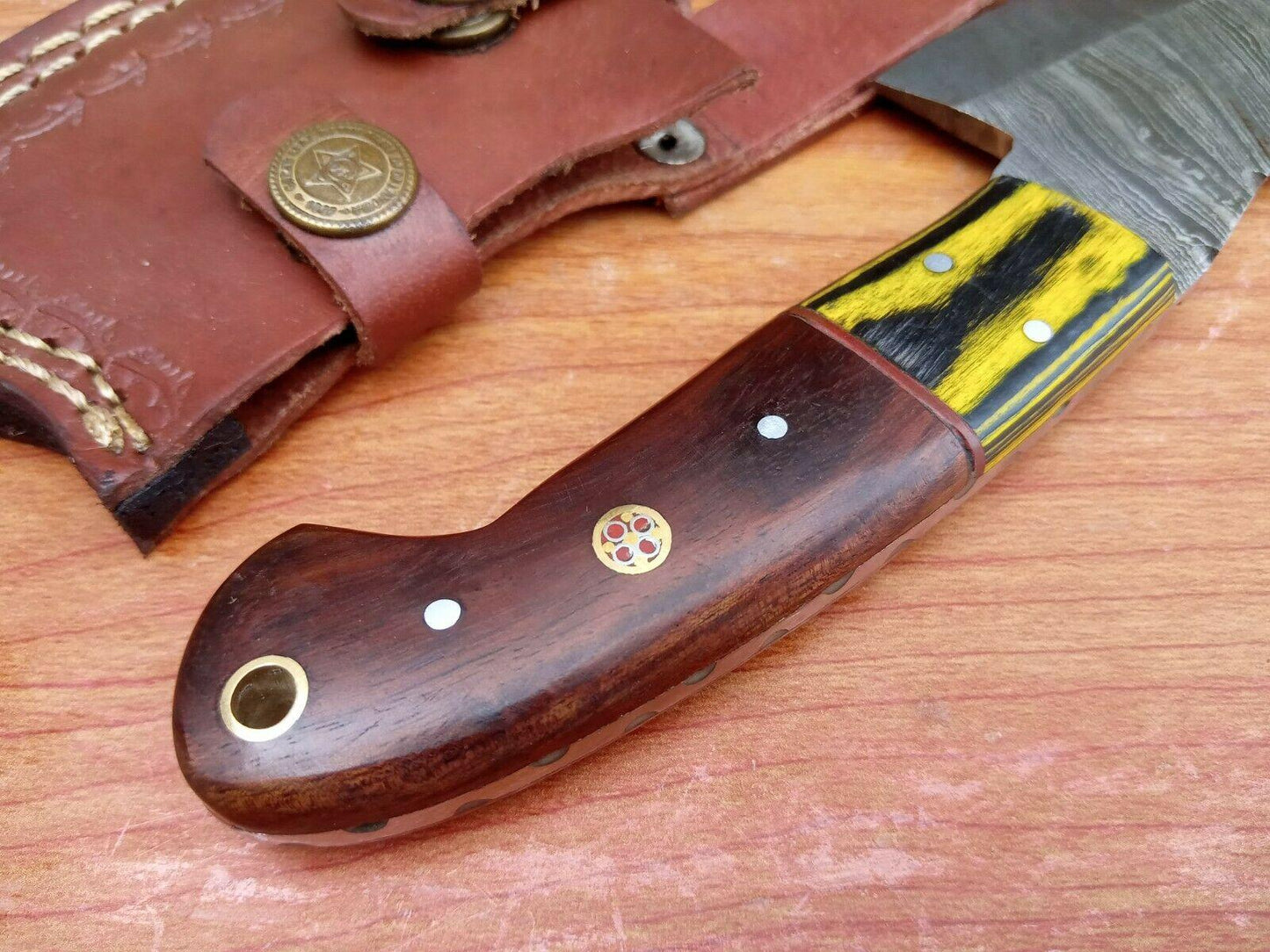 Handmade Damascus Steel Mini Hunting Axe Knife with Wood Handle and Leather Sheath