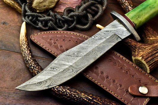 Damascus Steel Bowie Knife | 13" Hand-Forged Blade with Stained Camel Bone Handle