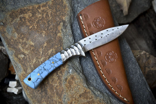 Custom AUS-8 Steel Skinner Knife | Corian Handle & Steel Bolster | Rare Camping Knife