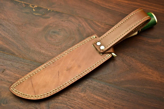 13.5" Handmade Damascus Bowie Knife – Hardwood and Bone Handle & Leather Sheath