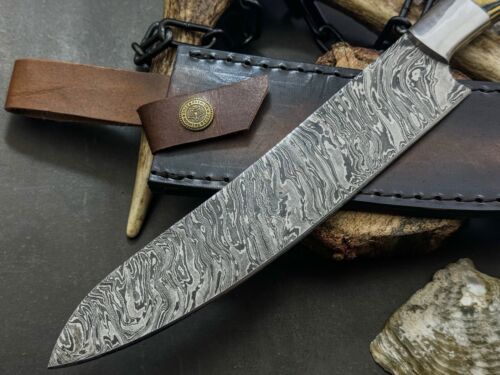 Handmade Damascus Steel Kitchen Chef Knife with Wood Handle & Cow Leather Sheath – Full Tang