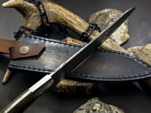 Handmade Damascus Steel Kitchen Chef Knife with Wood Handle & Cow Leather Sheath – Full Tang