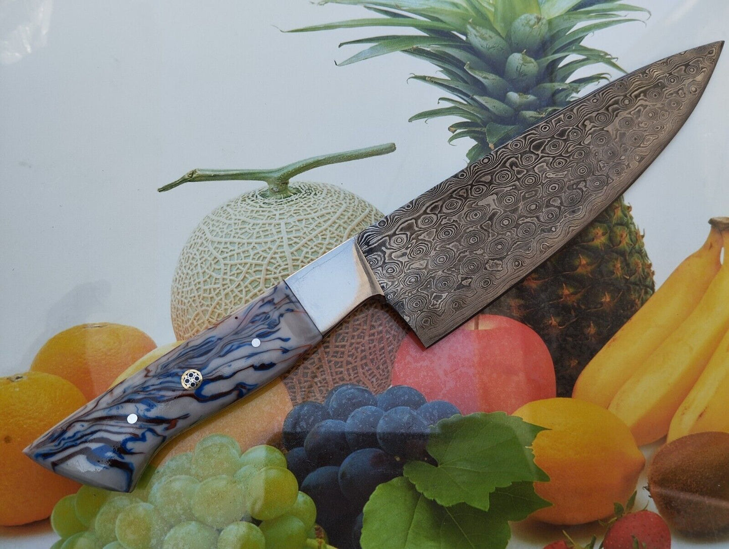 Custom Handmade King’s Damascus Steel Forged Chef Knife – Kitchen Use with Resin Fiber Handle & Leather Sheath